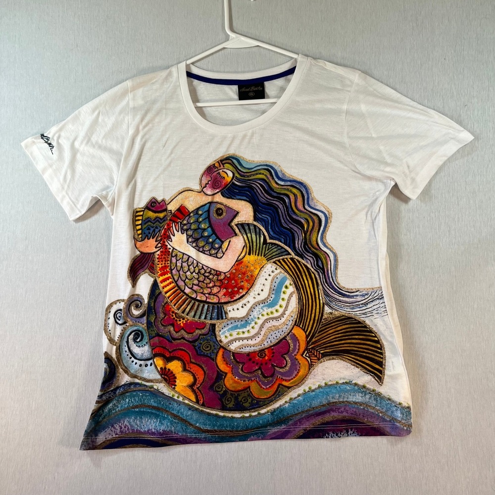 Laurel Burch T-Shirt XL Mermaid Fish Graphic White Sun n Sand Art Tee